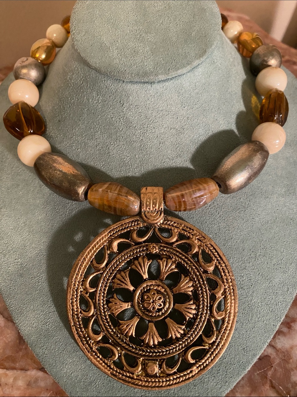 Boho Statement Necklace Mixed Beads Large Gold Tone Medallion Pendant